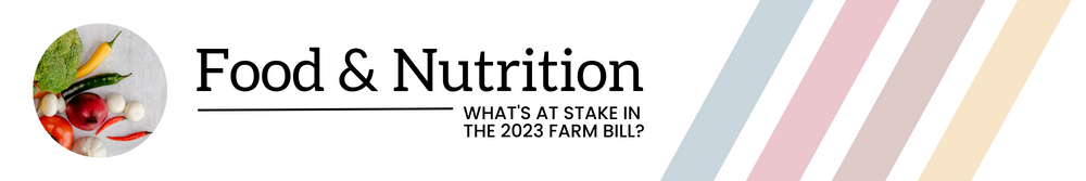 A header image that says food and nutrition what's at stake in the 2023 Farm Bill