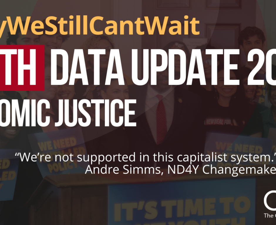 #WhyWeStillCantWait Youth Data Update 2023 on Economic Justice with a quote that says: “We’re not supported in this capitalist system.” Andre Simms, ND4Y Changemaker and the background includes an image of advocates on Capitol Hill including Alexandria Ocasio-Cortez