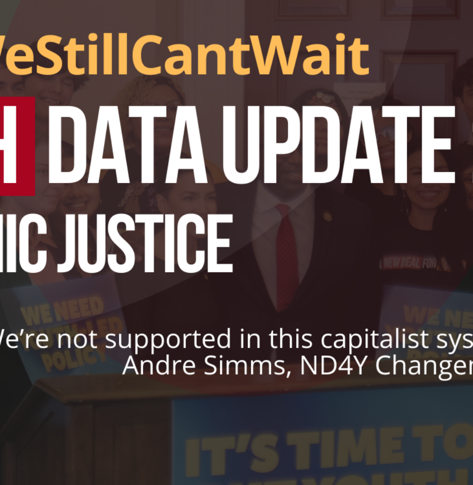 #WhyWeStillCantWait Youth Data Update 2023 on Economic Justice with a quote that says: “We’re not supported in this capitalist system.” Andre Simms, ND4Y Changemaker and the background includes an image of advocates on Capitol Hill including Alexandria Ocasio-Cortez