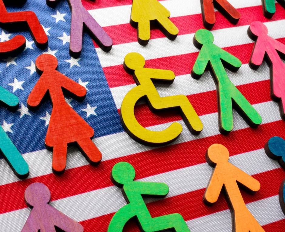 symbols of diverse people in front of a flag of the united states of america.