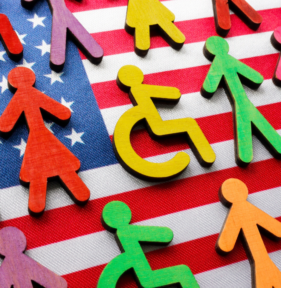 symbols of diverse people in front of a flag of the united states of america.